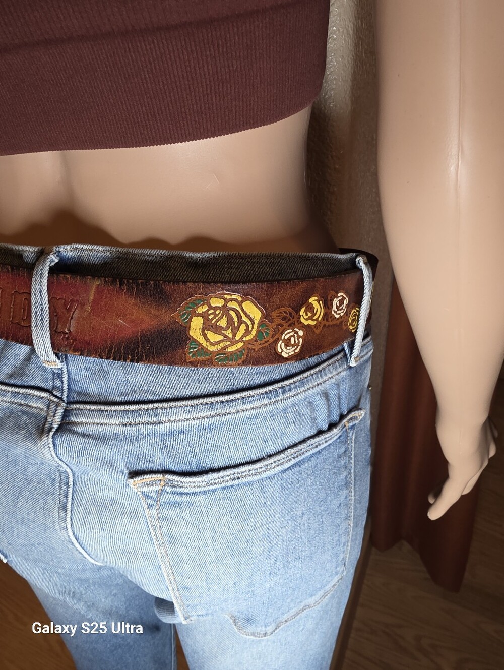 Vintage Tooled Leather Name Belt SANDY Painted Yellow Rose Western Boho - Picture 5 of 14